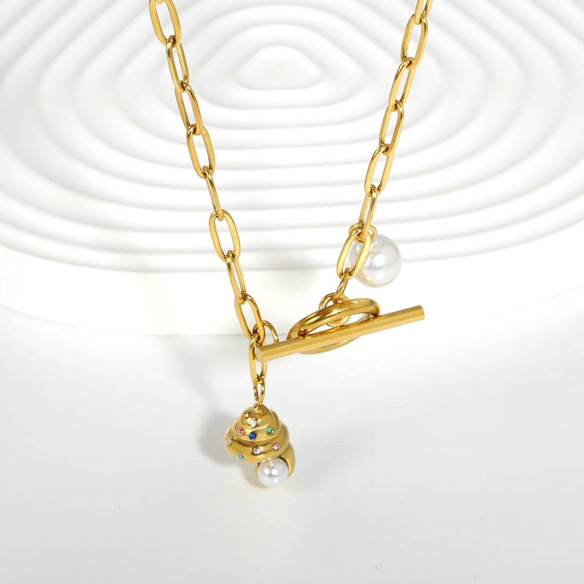 Ice Cream Charm Pearl Paperclip Chain Necklace Wholesale | 18K Gold Plated | Toggle Clasp Design