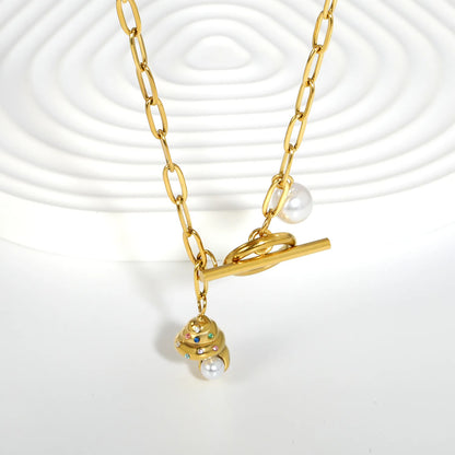 Ice Cream Charm Pearl Paperclip Chain Necklace Wholesale | 18K Gold Plated | Toggle Clasp Design