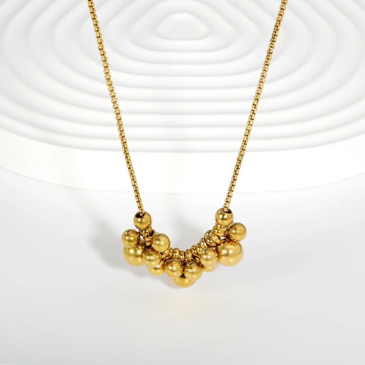 Cluster Gold Bead Box Chain Necklace | Multi-Size Ball Pendant Design | 18K Gold Plated Statement Necklace MOQ12
