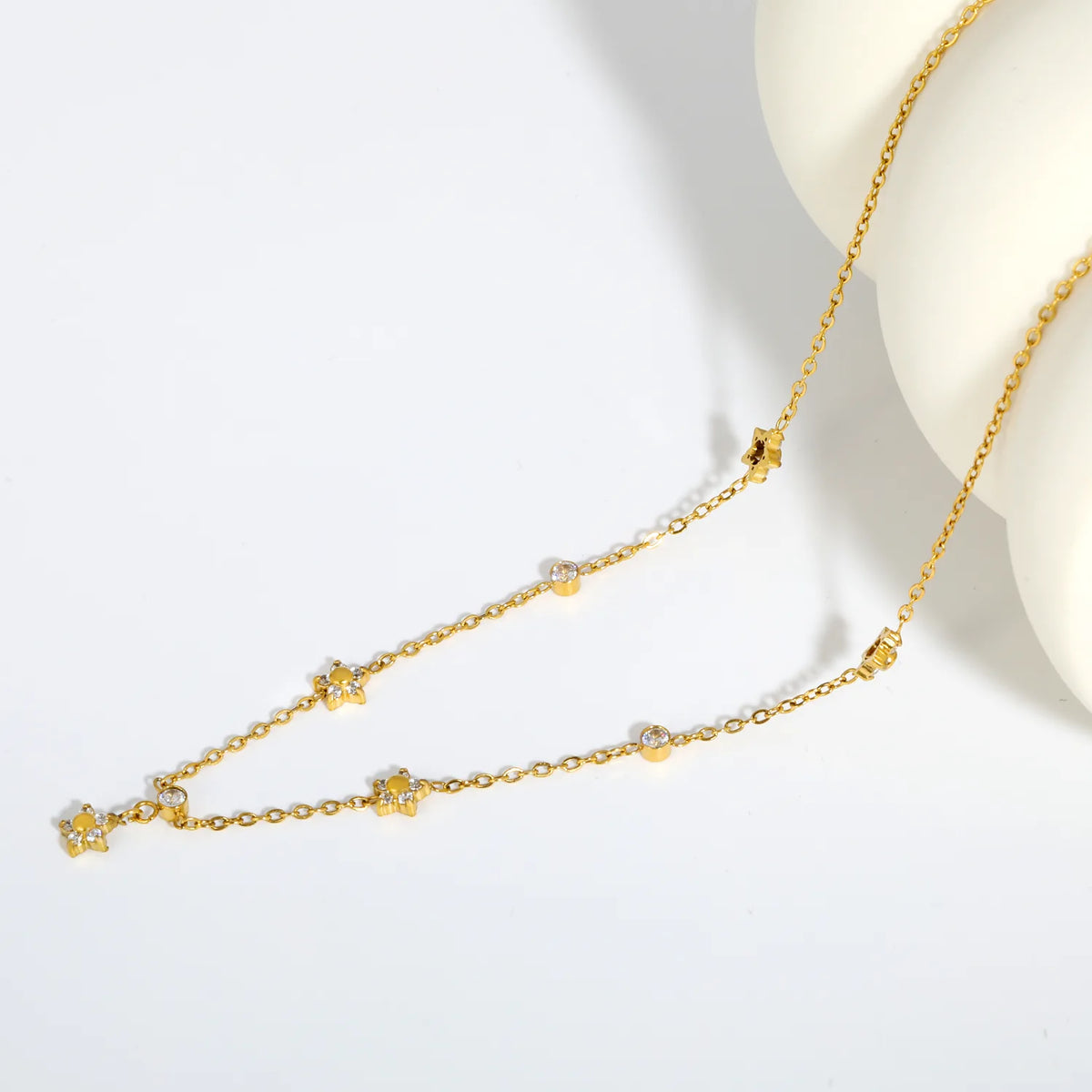 Dainty Star & Round CZ Station Rolo Chain Necklace | 18K Gold Plated | MOQ 12
