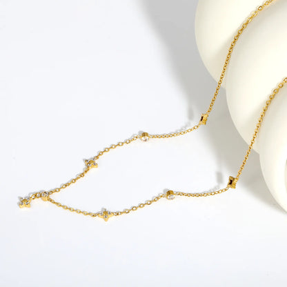 Dainty Four Leaf Clover & Round CZ Station Rolo Chain Necklace Wholesale | 18K Gold Plated | MOQ 12