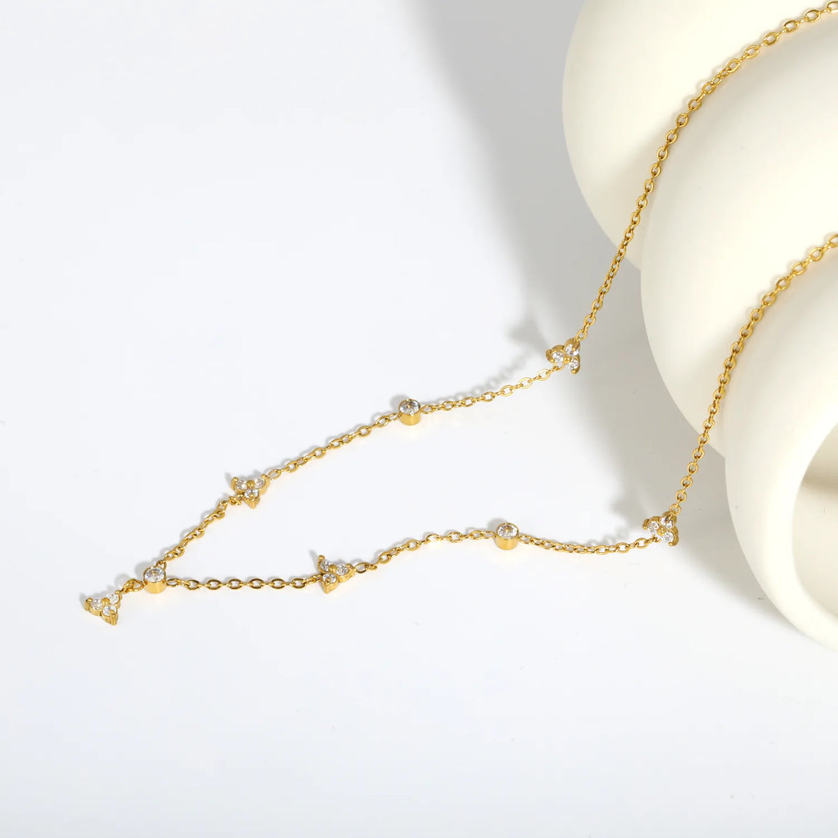18K Gold Plated Triple CZ Cluster Bezel Crystal Layering Necklace | Wholesale MOQ 12