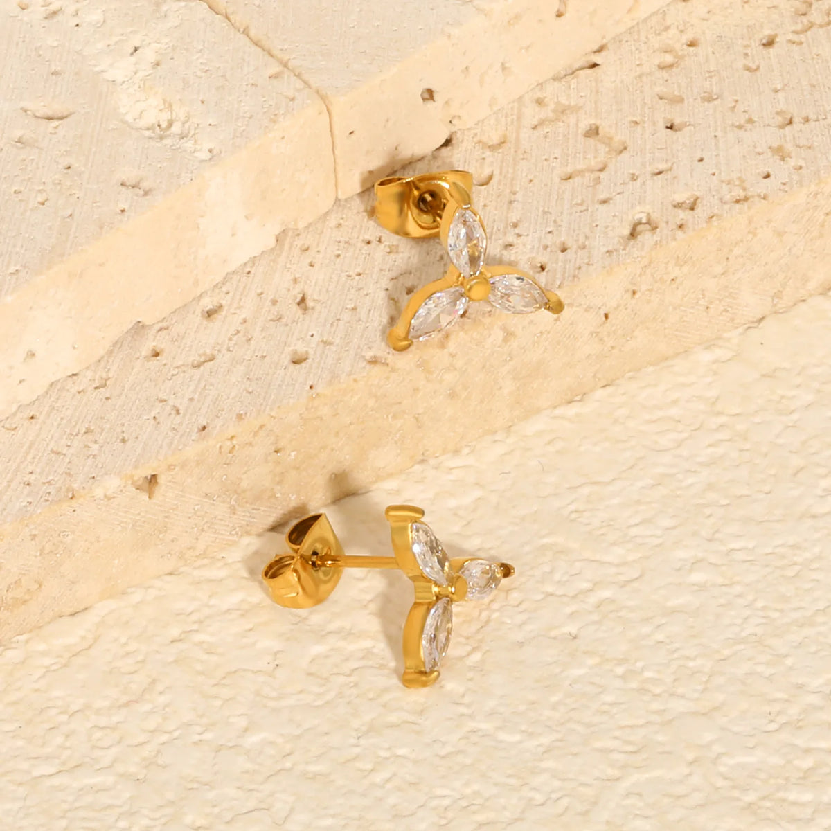 Marquise CZ Three-Petal Flower Stud Earrings | Minimalist Earrings for Wholesale