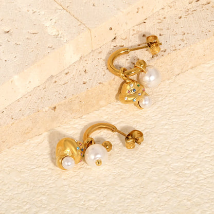 Ice Cream CZ Pearl Drop Hoop Earrings | 18K Gold Plated Stainless Steel Fun Earrings Wholesale