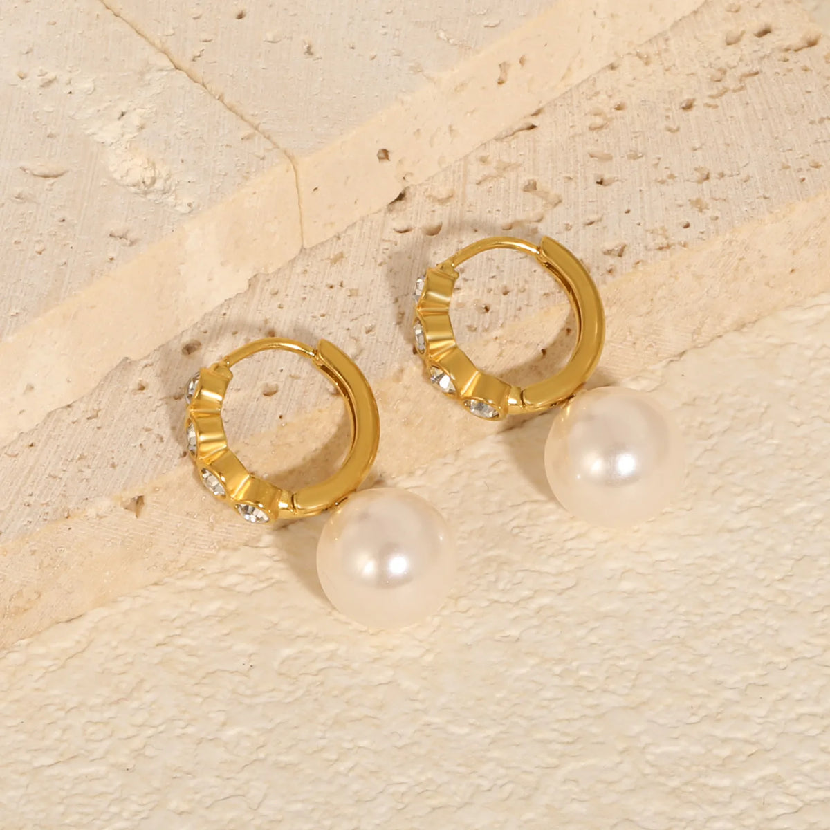 CZ Inlaid Pearl Drop Huggie Hoop Earrings | Gold & Steel Color Option | Wholesale MOQ 12