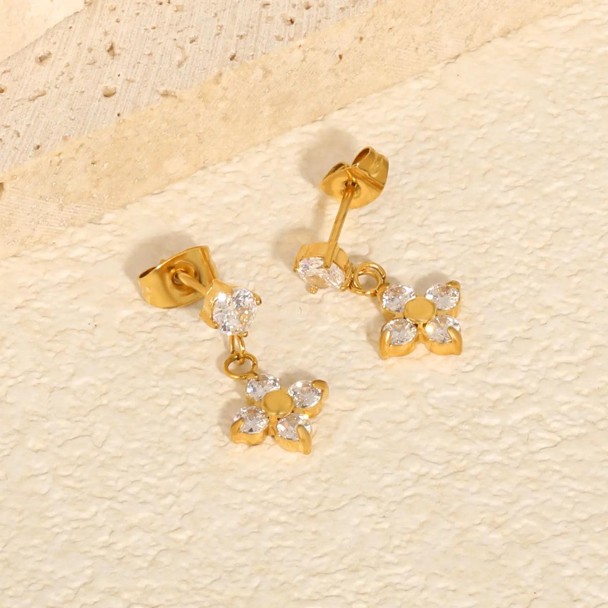 Dainty Round CZ Four Leaf Clover Drop Stud Earrings | 18K Gold Plated Stainless Steel | Wholesale MOQ 12