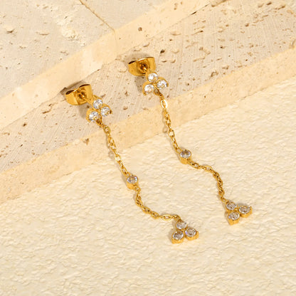4 Styles Dainty CZ Long Chain Drop Stud Earrings | 18K Gold Plated Stainless Steel | Tassel Earrings Wholesale MOQ 12