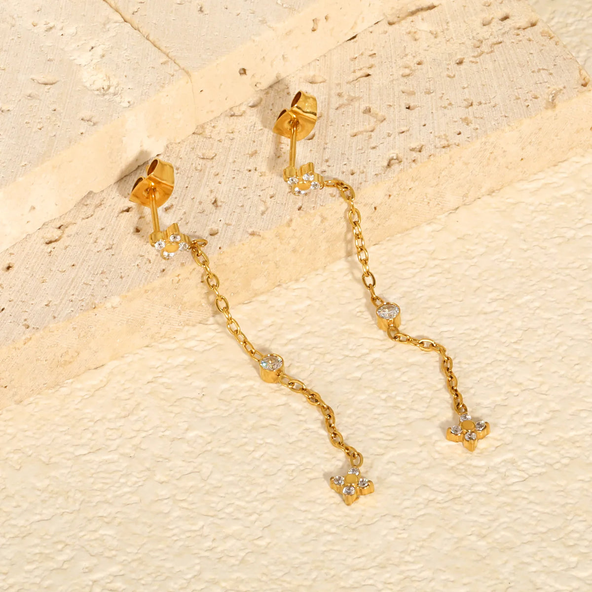 4 Styles Dainty CZ Long Chain Drop Stud Earrings | 18K Gold Plated Stainless Steel | Tassel Earrings Wholesale MOQ 12