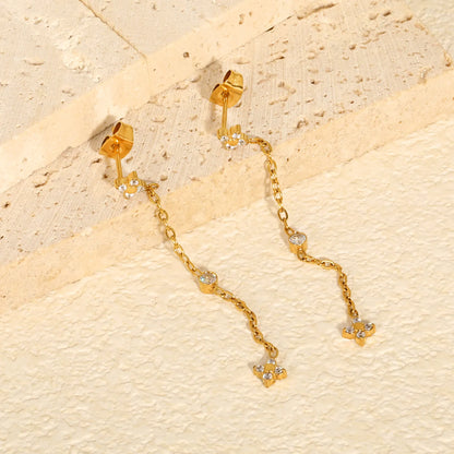 4 Styles Dainty CZ Long Chain Drop Stud Earrings | 18K Gold Plated Stainless Steel | Tassel Earrings Wholesale MOQ 12