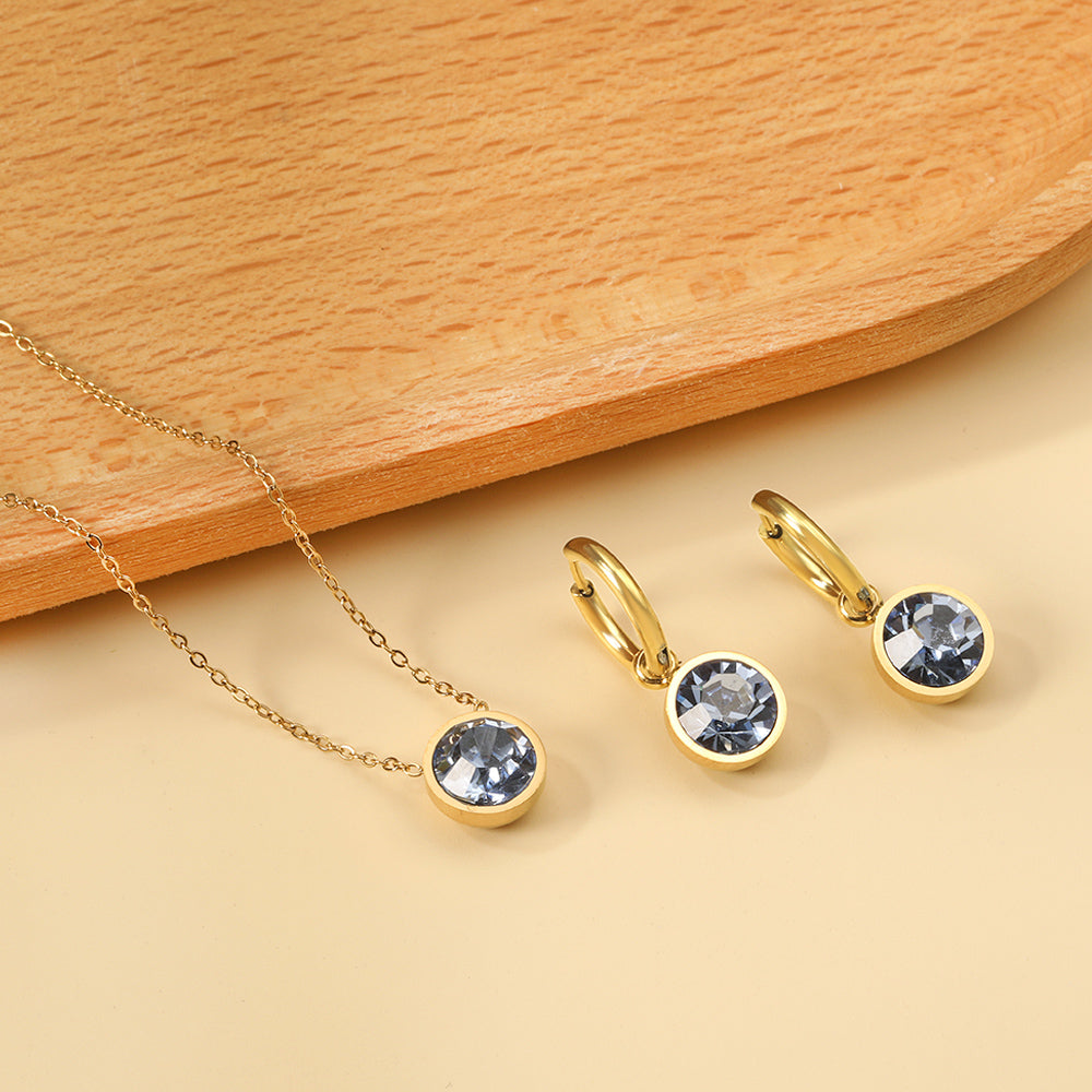 Round with White Pearls & White Diamonds & Purple Diamonds & Blue Diamonds & Green Diamonds Jewelry Set Steel/Golden