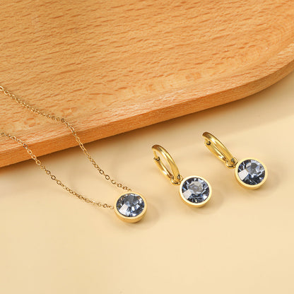 Round with White Pearls & White Diamonds & Purple Diamonds & Blue Diamonds & Green Diamonds Jewelry Set Steel/Golden