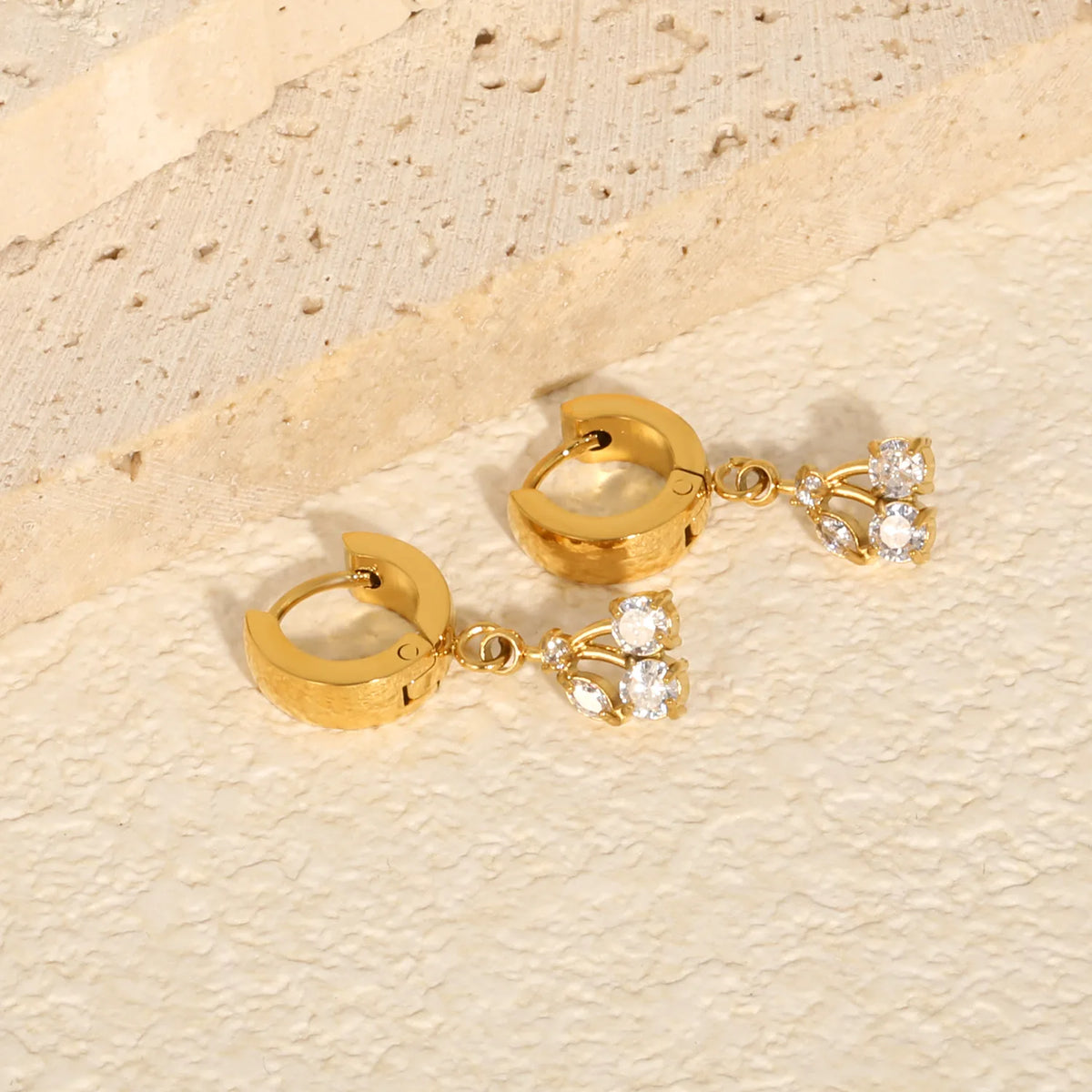 Dainty CZ Charm Huggie Hoop Earrings | 4 Styles | MOQ 12 | 18K Gold Plated Stainless Steel Jewelry Wholesale