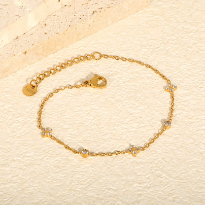 Elegant Four Leaf Clover Station Zircon Bracelet | 17+3cm Adjustable | 18K Gold Plated | Wholesale MOQ 12