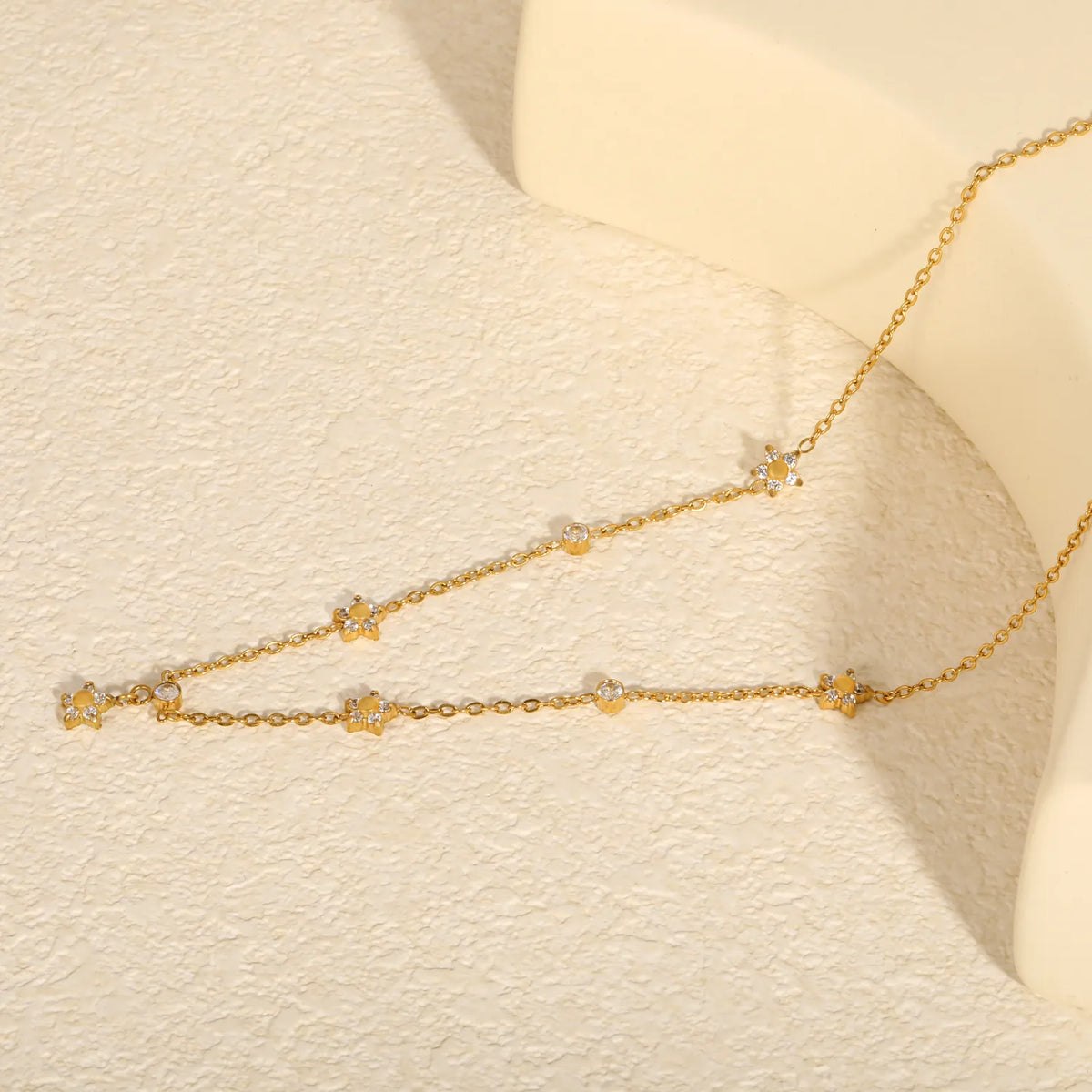 Dainty Star & Round CZ Station Rolo Chain Necklace | 18K Gold Plated | MOQ 12