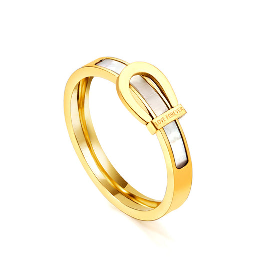 White mother-of-pearl horseshoe buckle belt buckle ring 18K gold fashion ring