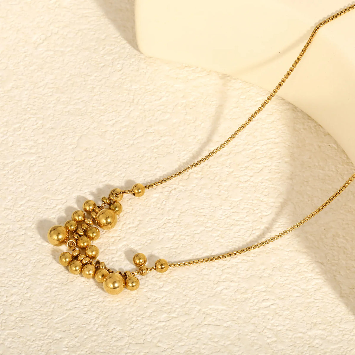 Cluster Gold Bead Box Chain Necklace | Multi-Size Ball Pendant Design | 18K Gold Plated Statement Necklace MOQ12