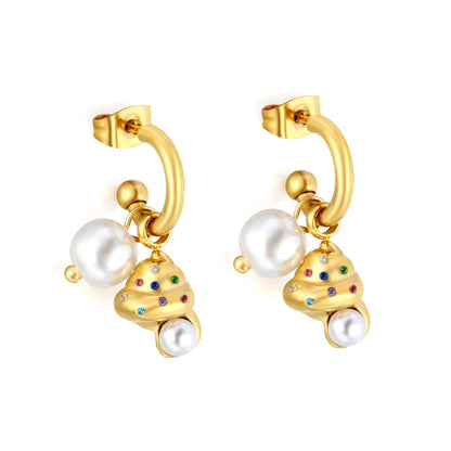 Ice Cream CZ Pearl Drop Hoop Earrings | 18K Gold Plated Stainless Steel Fun Earrings Wholesale