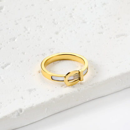 White mother-of-pearl horseshoe buckle belt buckle ring 18K gold fashion ring