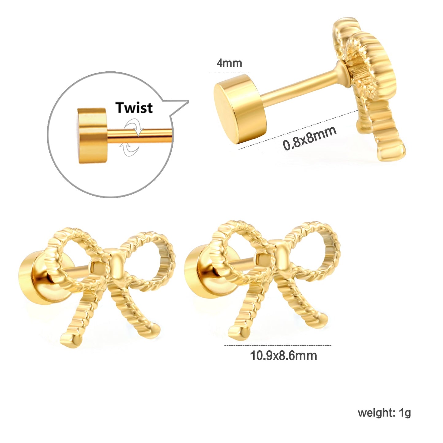Screw plug 0.8*8mm pin + 10.9*8.6mm bow earrings Gold color