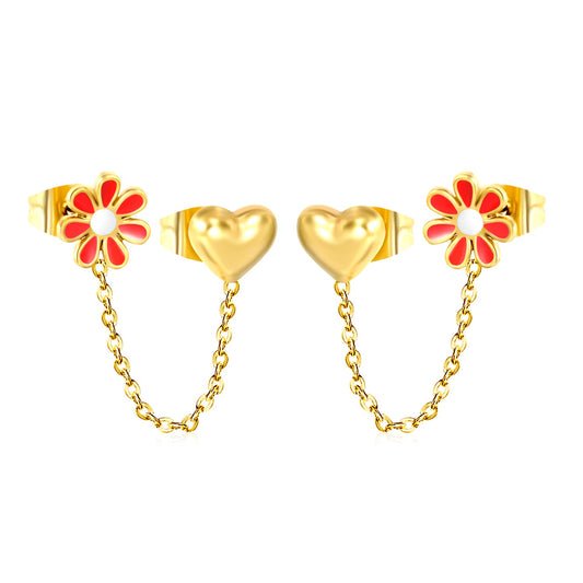 8mm Safflower+6.4*7mm Heart+03 Cross Chain 30mm Accessories Earrings Gold color