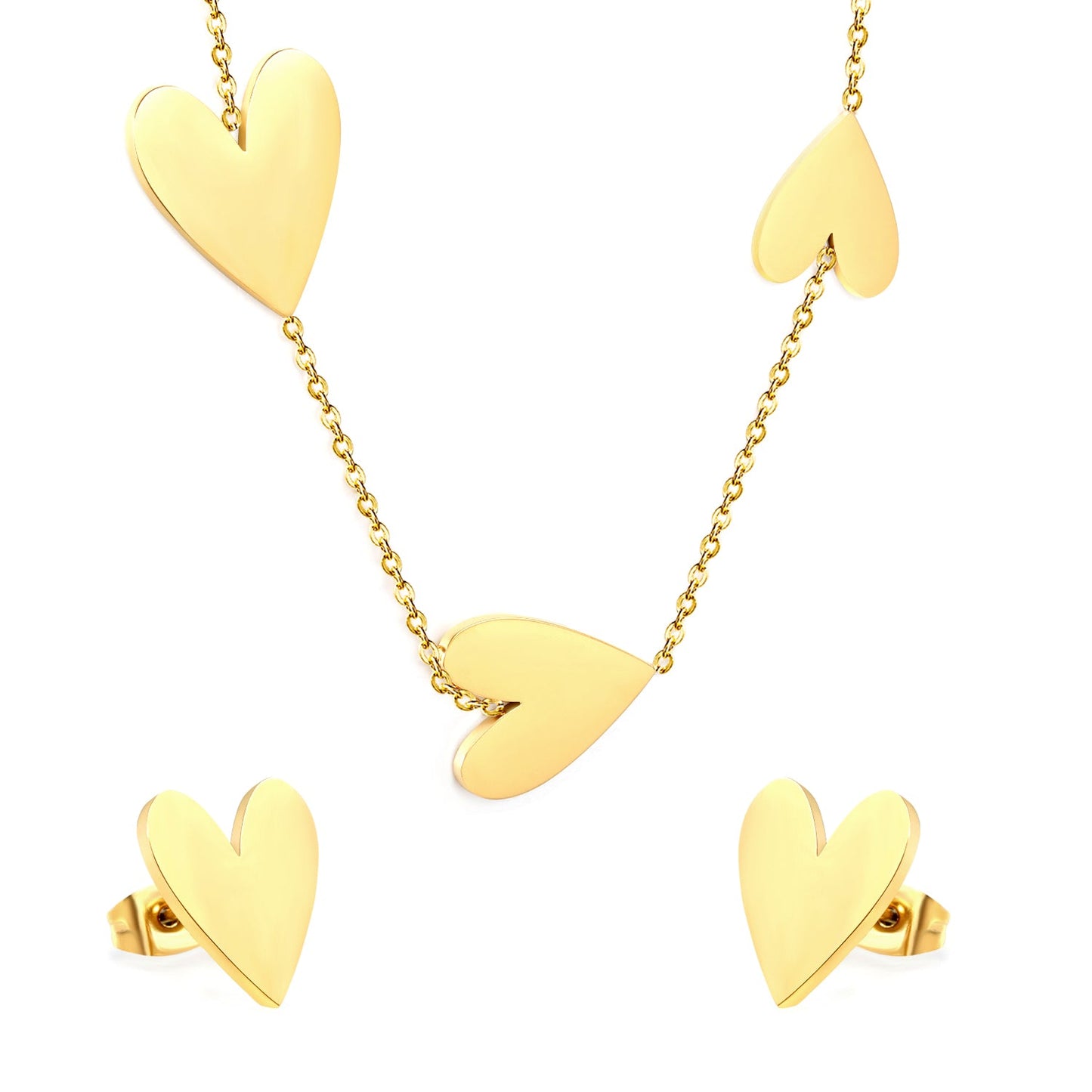 Peach heart set Gold-colored earrings:1.2*12*15mm Pendant:10*12+12*15+13*17mm 0.3 Cross chain*40+5cm+6mm round plaque