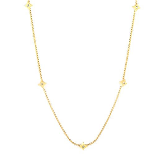 5.6mm Four-pointed Star Sticky White Zirconium Accessory 1.1mm S Chain*40+5cm+6mm Round Plaque Necklace Golden