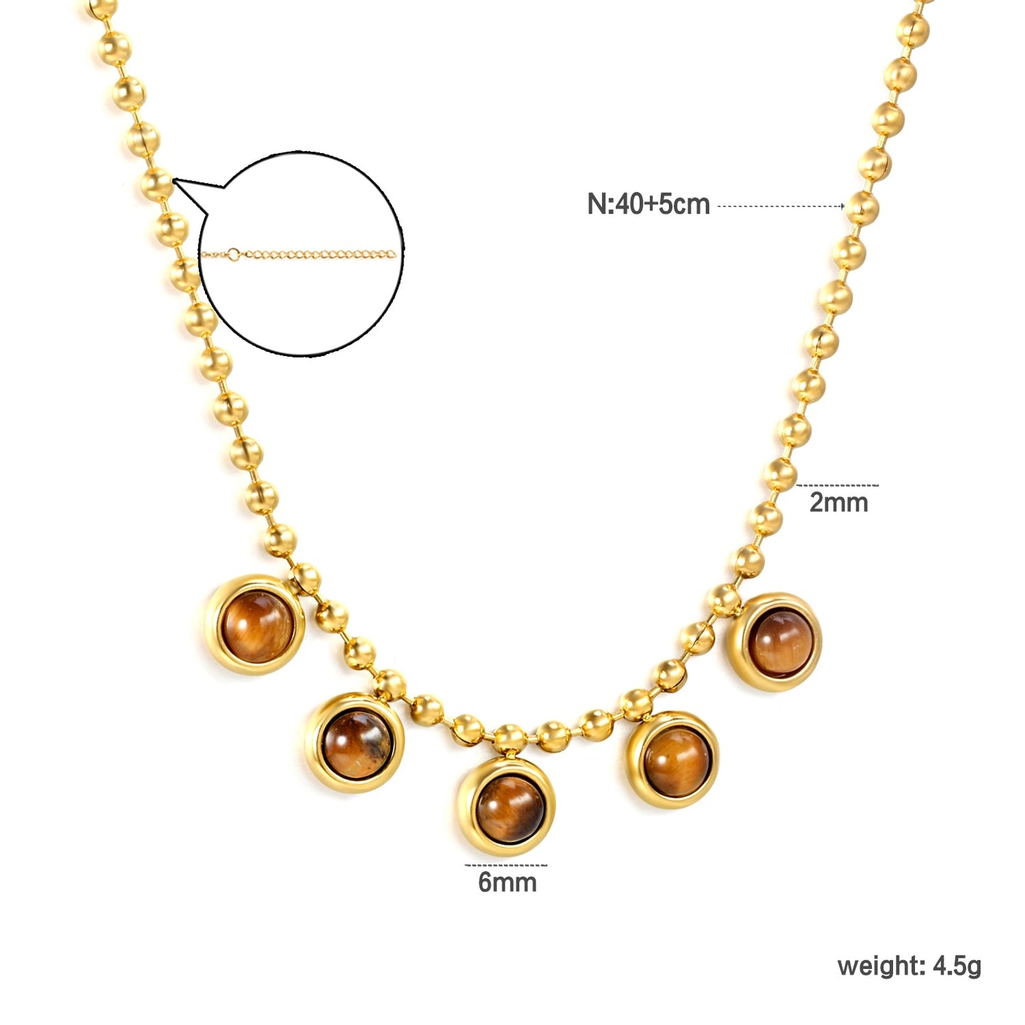 6mm round tiger's eye stone accessories 2mm bead chain *40+5cm+6mm round plate necklace Golden