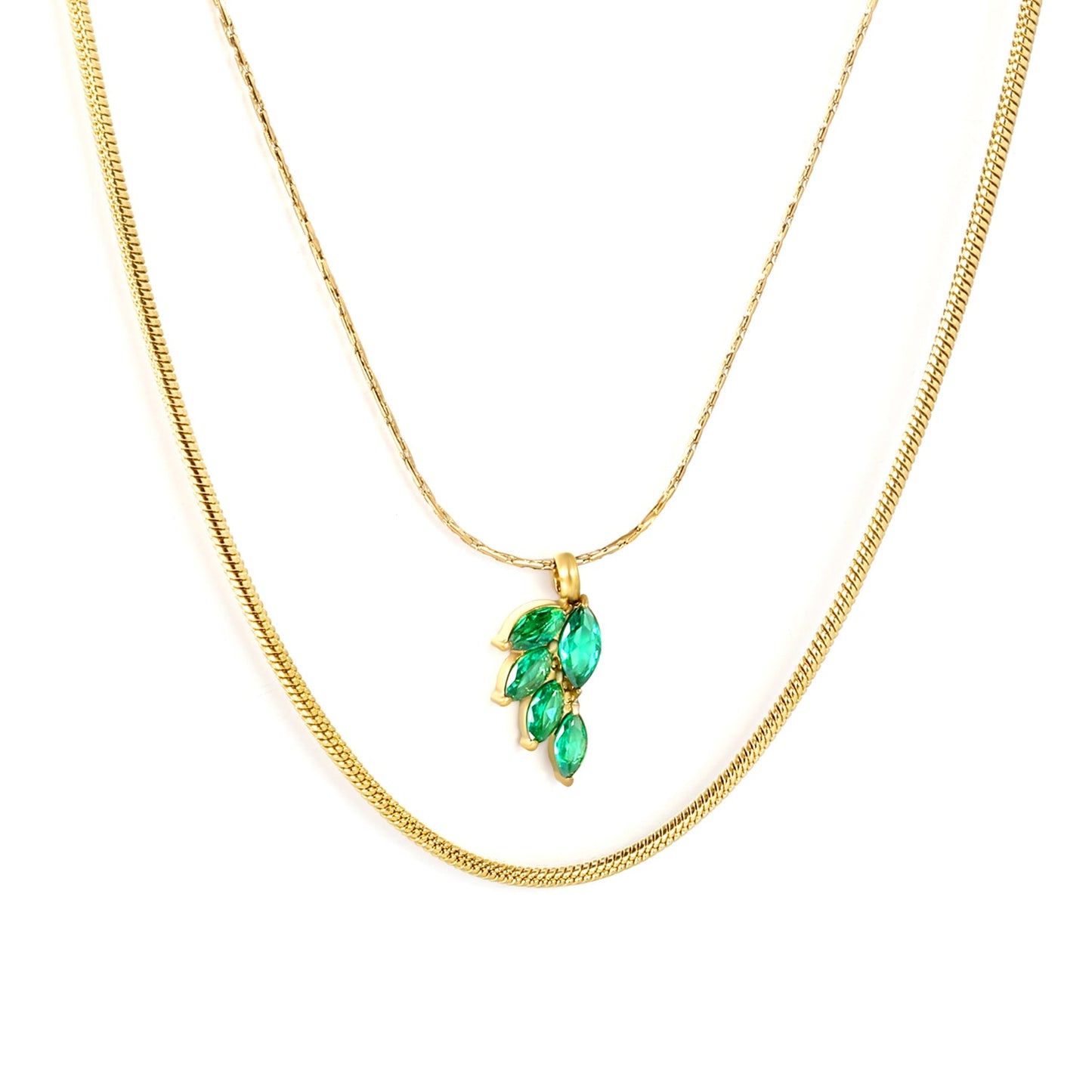 6.4*11mm Leaf with Green Zirconium Pendant 1.2 Round Snake*45cm0.6 Cross Hammered Round Chain*40cm+5cm+6mm Round Plaque Double Chain Necklace Gold