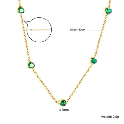 4.8mm Heart Emerald Zirconia Accessories 0.3 Cross Chain*40+5cm+6mm Round Plaque Necklace Gold