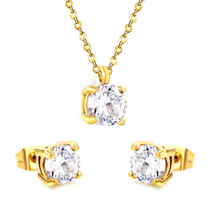 Round white zirconium set Gold-colored earrings:7mm Pendant:7mm 0.3 cross chain*40+5cm+6mm round plate