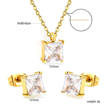 Square white zirconium set Gold color earrings:7mm Pendant:7mm 0.3 cross chain*40+5cm+6mm round plate