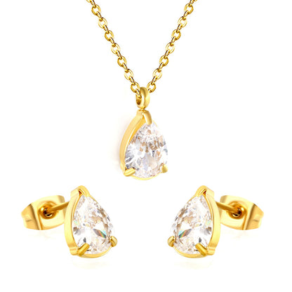 Teardrop white zirconium set Gold-colored earrings:6.1*9.4mm Pendant:6.1*9.4mm 0.3 cross chain*40+5cm+6mm round plaque