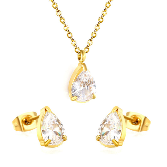 Teardrop white zirconium set Gold-colored earrings:6.1*9.4mm Pendant:6.1*9.4mm 0.3 cross chain*40+5cm+6mm round plaque