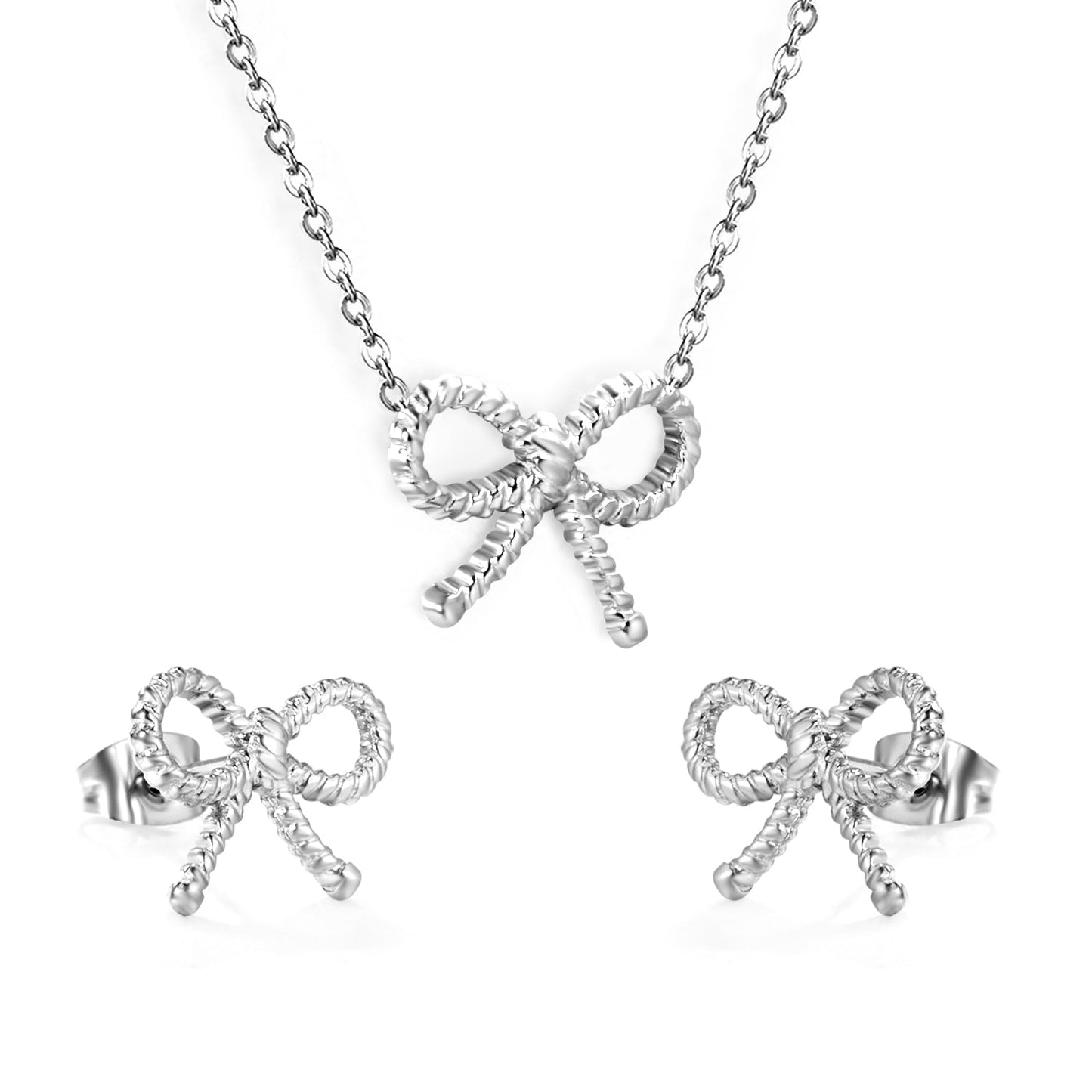Bow Set Steel Color Earrings:13.2*11.2mm Necklace:13.2*11.2mm0.3 Cross Chain*40+5cm+6mm Round Plaque