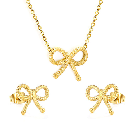 Bow Set Steel Color Earrings:13.2*11.2mm Necklace:13.2*11.2mm0.3 Cross Chain*40+5cm+6mm Round Plaque