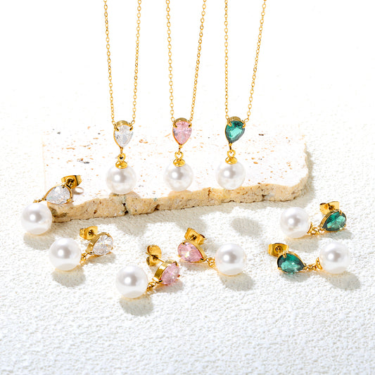 ✨💎 18K Gold Zircon & Pearl Jewelry Set Wholesale (MOQ 12+) | Stainless Steel Necklace & Earrings 🌍 | Hypoallergenic Luxury Gift Set