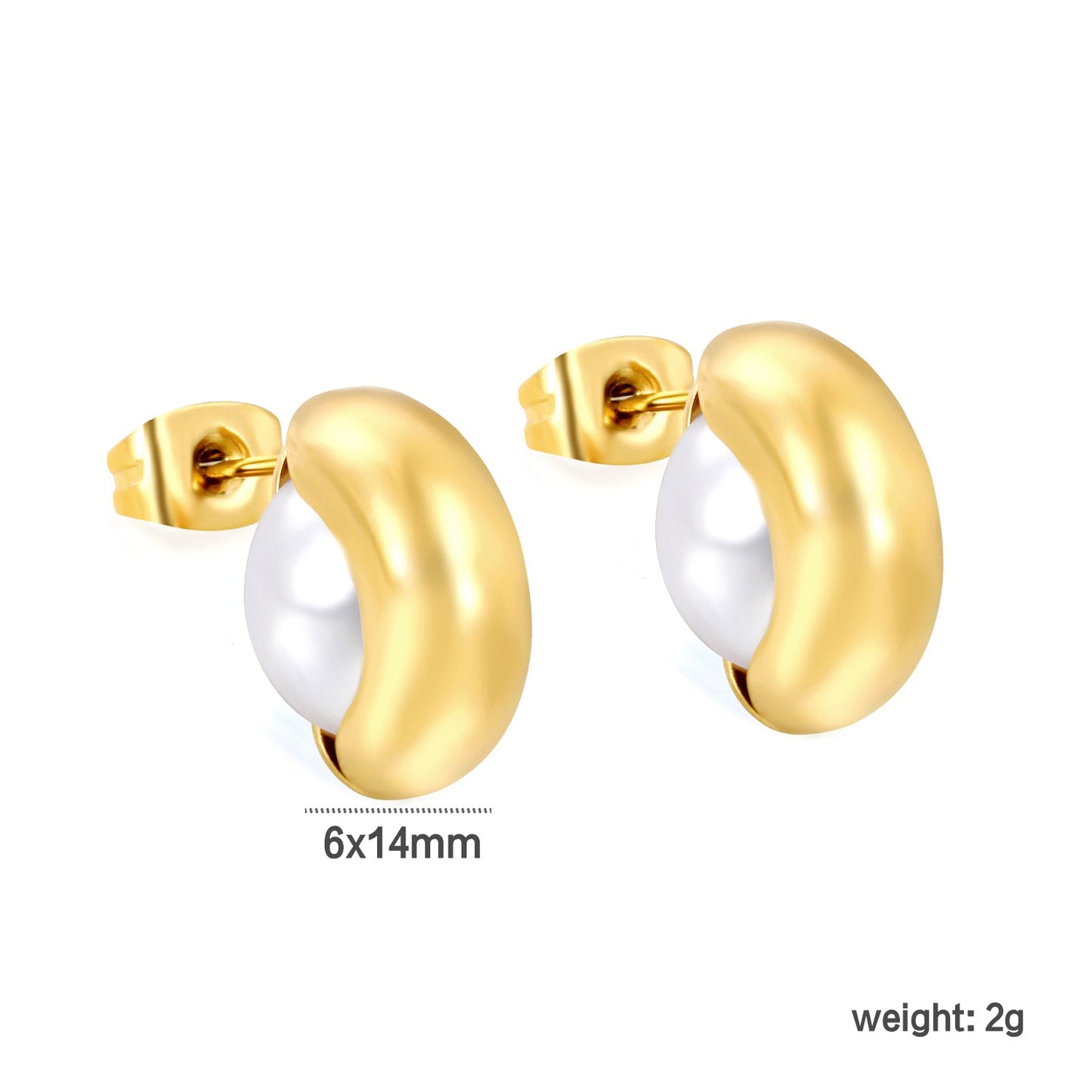 6*14mm semi-curved hoop with 10mm semi-white rubber bead earrings Gold color