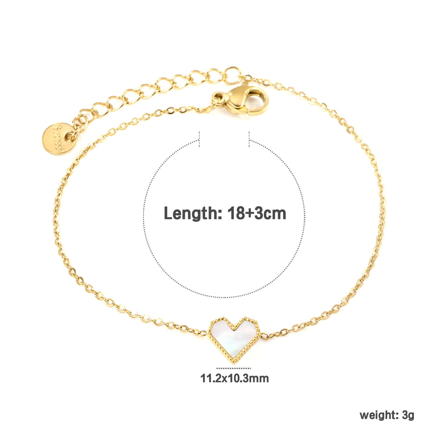11.2*10.3mm heart shape with white shell/black acrylic/red acrylic fittings 0.35 cross chain*18+3cm+6mm round plaque Bracelet gold color