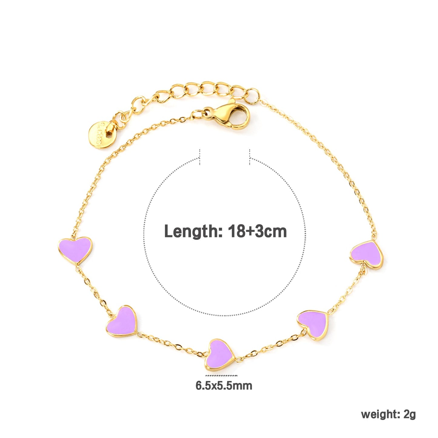 6.3*5.5mm heart-shaped black/purple/red/pink/dark blue oil-dripping accessories 0.3 cross chain *18+3cm+6mm round sign bracelet gold color
