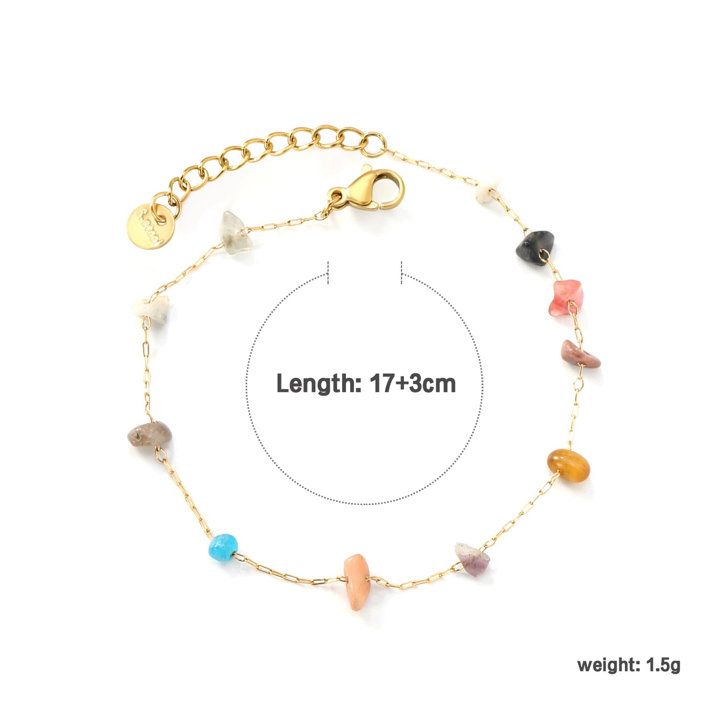 White Turquoise/ Amethyst/ Pink/ Sky Blue/ Turquoise/ Mixed Color Stone Accessories 0.3 Cross Chain*17+3cm+6mm Round Plaque Bracelet Golden