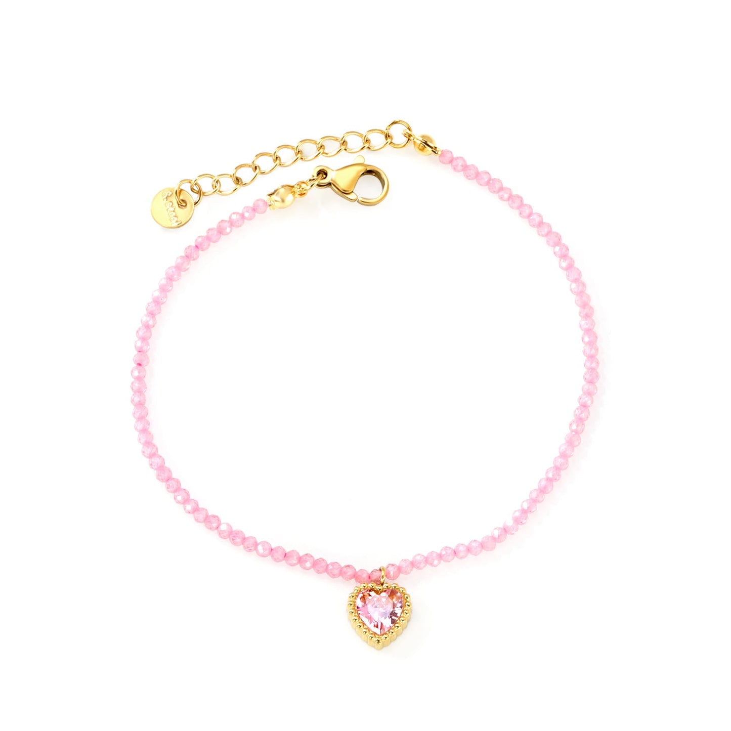 8.5*8.6mm Bead Edge Heart Shape Sticky White/Black/Purple/Red/Pink Zirconia Accessories 2mm White Beads*18+3cm+6mm Round Plaque Bracelet Golden