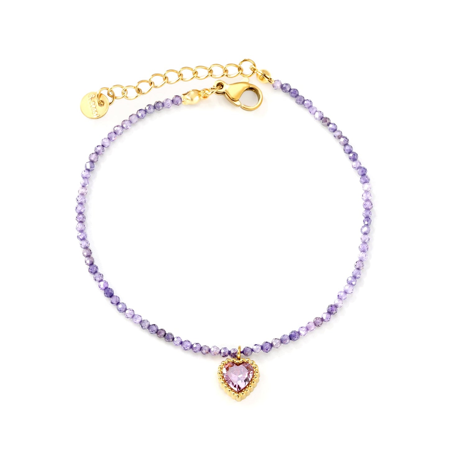 8.5*8.6mm Bead Edge Heart Shape Sticky White/Black/Purple/Red/Pink Zirconia Accessories 2mm White Beads*18+3cm+6mm Round Plaque Bracelet Golden
