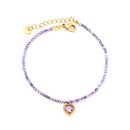 8.5*8.6mm Bead Edge Heart Shape Sticky White/Black/Purple/Red/Pink Zirconia Accessories 2mm White Beads*18+3cm+6mm Round Plaque Bracelet Golden