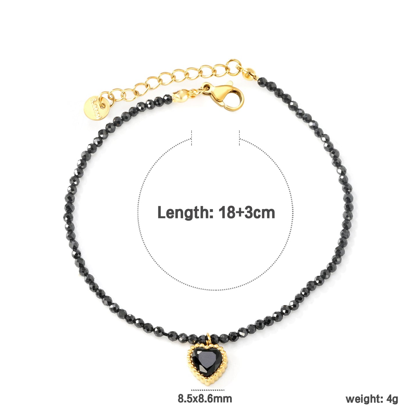 8.5*8.6mm Bead Edge Heart Shape Sticky White/Black/Purple/Red/Pink Zirconia Accessories 2mm White Beads*18+3cm+6mm Round Plaque Bracelet Golden