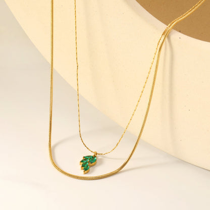 6.4*11mm Leaf with Green Zirconium Pendant 1.2 Round Snake*45cm0.6 Cross Hammered Round Chain*40cm+5cm+6mm Round Plaque Double Chain Necklace Gold