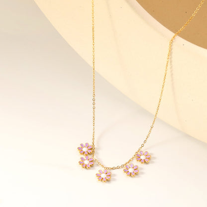 7.8mm six-petal flower white/purple/blue oil drip accessories 0.3 cross chain *40+5cm+6mm round plate necklace gold color