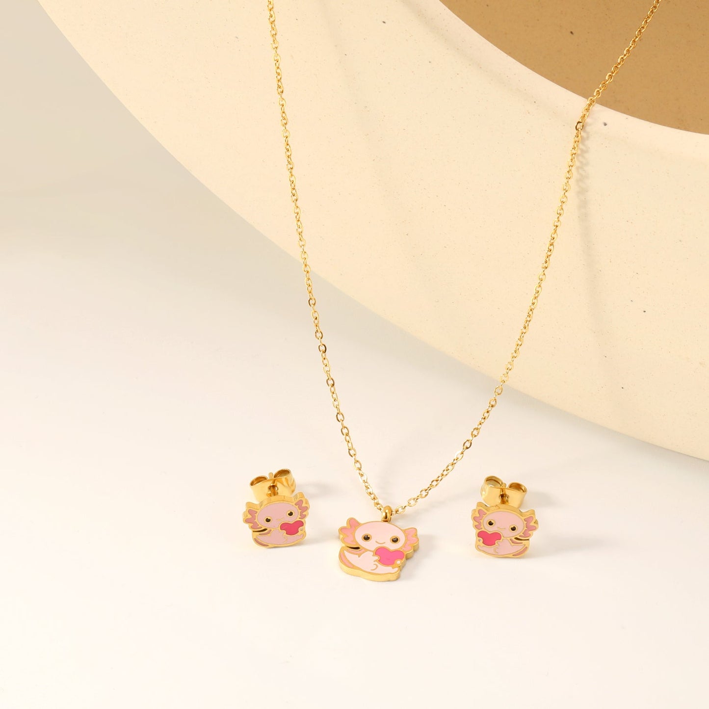 Little Monster Set Steel Color Earrings:10*8.5mm Pendant:12*10mm0.3 Cross Chain*40+5cm+6mm Round Plaque