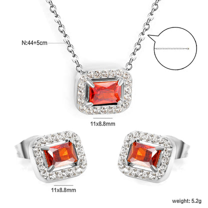 11*8.8mm rectangle garnet red zirconium with white zirconium circle earrings + necklace cross chain 0.3*44+5cm+6mm round end plate Set steel color/golden