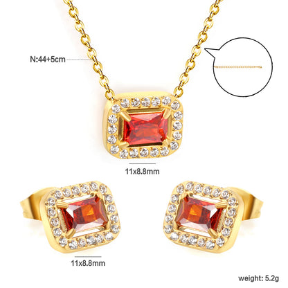 11*8.8mm rectangle garnet red zirconium with white zirconium circle earrings + necklace cross chain 0.3*44+5cm+6mm round end plate Set steel color/golden