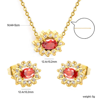 12.4*10.2 Lace Oval Garnet Red Zirconium with White Zirconium Hoops Earrings + Necklace Cross Chain 0.3*44+5cm+6mm Round Tail Plate Set Steel/Golden
